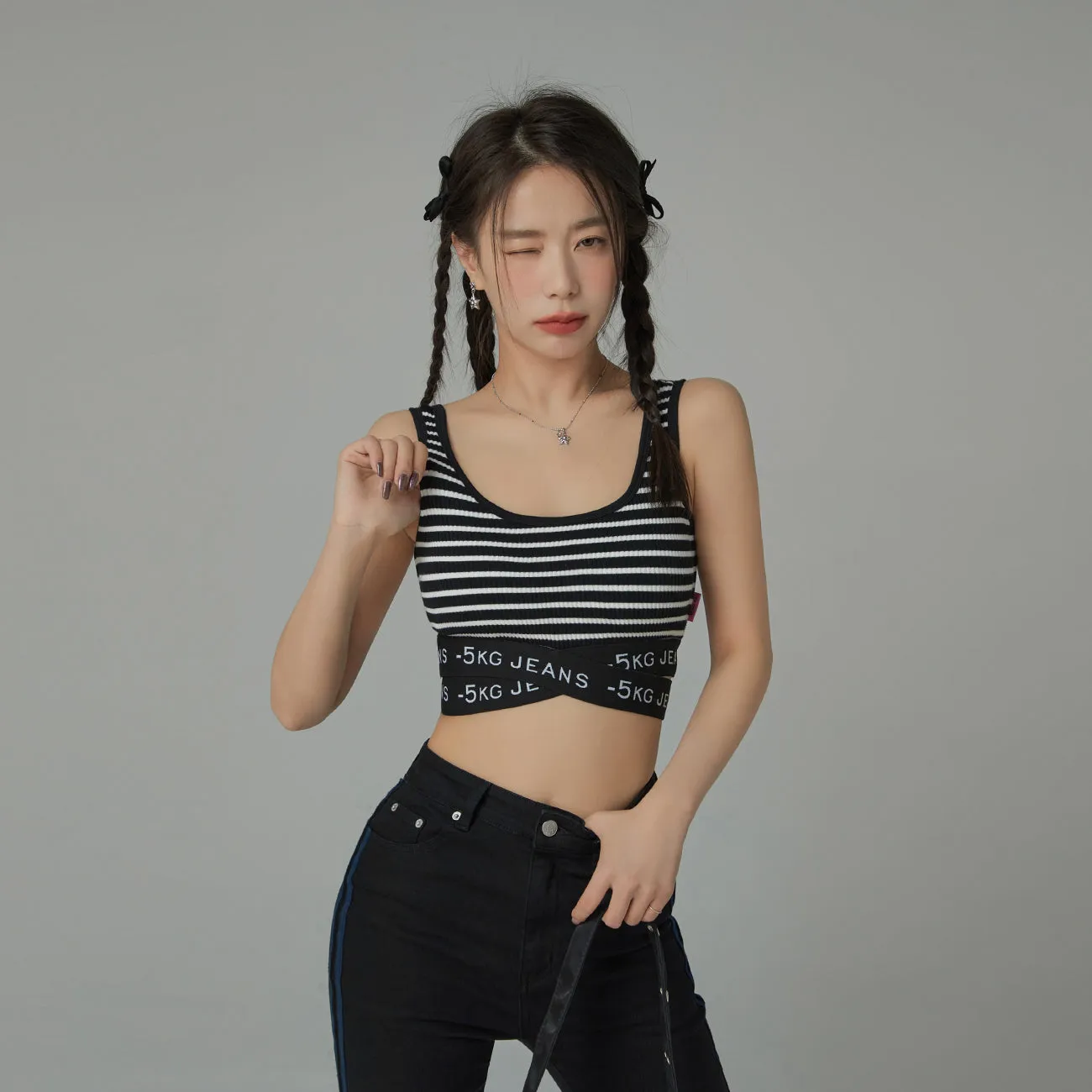 '-5kg Jeans Striped Sleeveless Crop Top