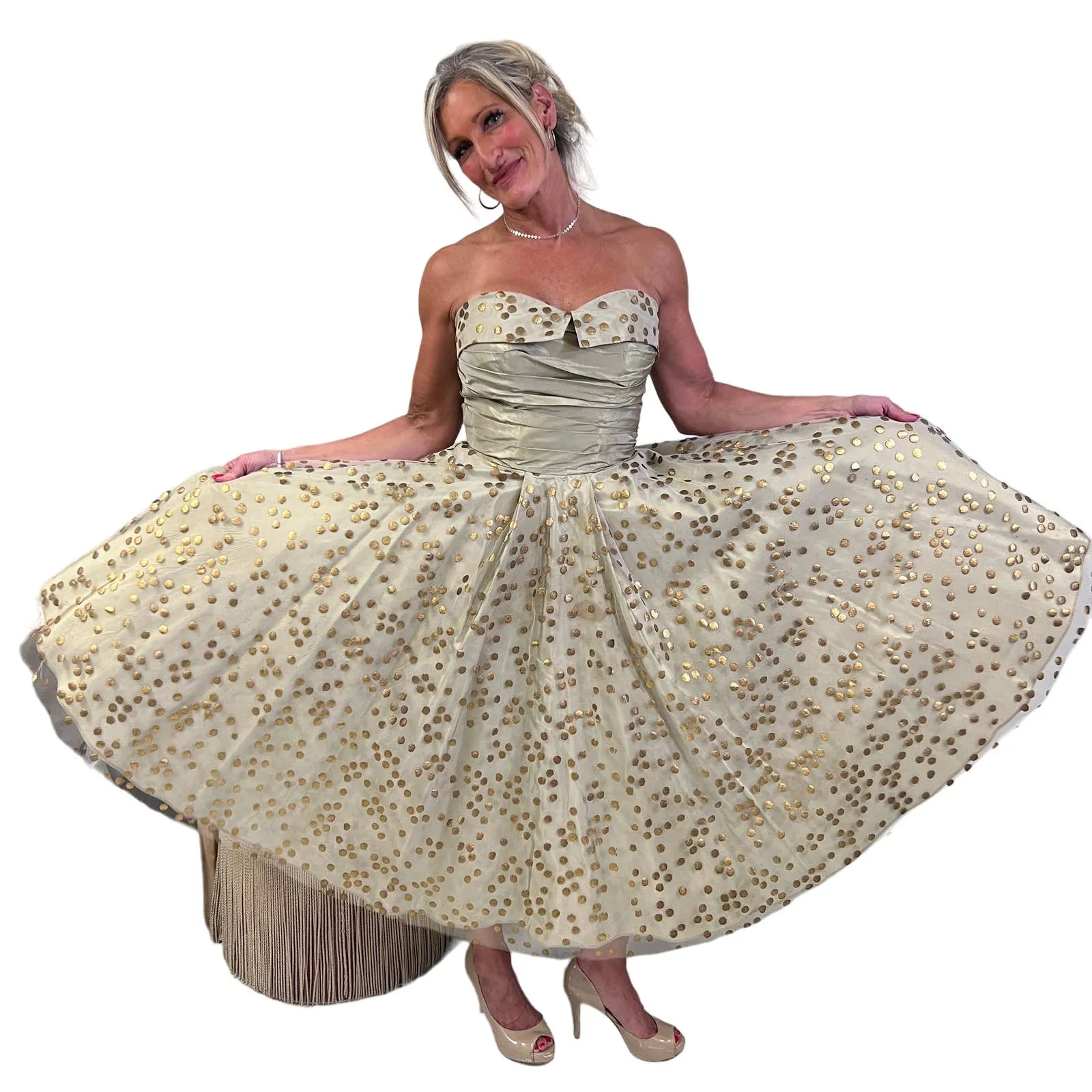 1950s Vintage Fred Perlberg Dance Original Strapless Gown Gold Metallic  Tulle XS 2-4 Full Circle Skirt