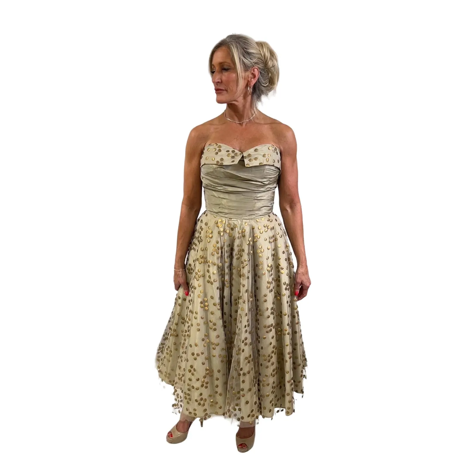 1950s Vintage Fred Perlberg Dance Original Strapless Gown Gold Metallic  Tulle XS 2-4 Full Circle Skirt