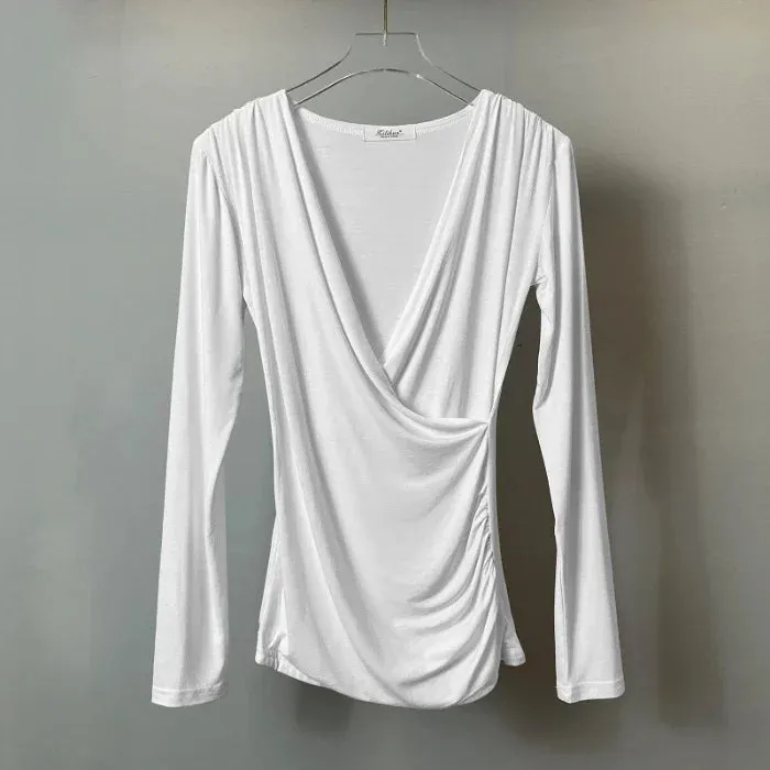 2024 Solid Slim Waist V-Neck Long Sleeve Women's Tee