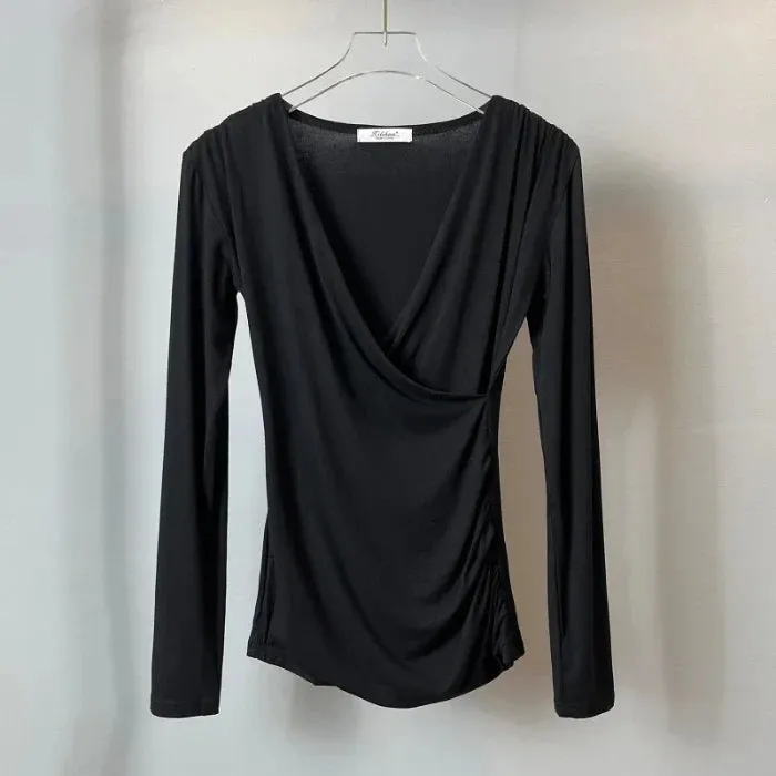 2024 Solid Slim Waist V-Neck Long Sleeve Women's Tee