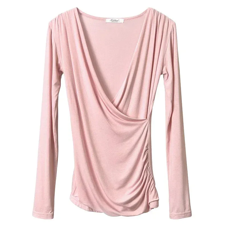 2024 Solid Slim Waist V-Neck Long Sleeve Women's Tee