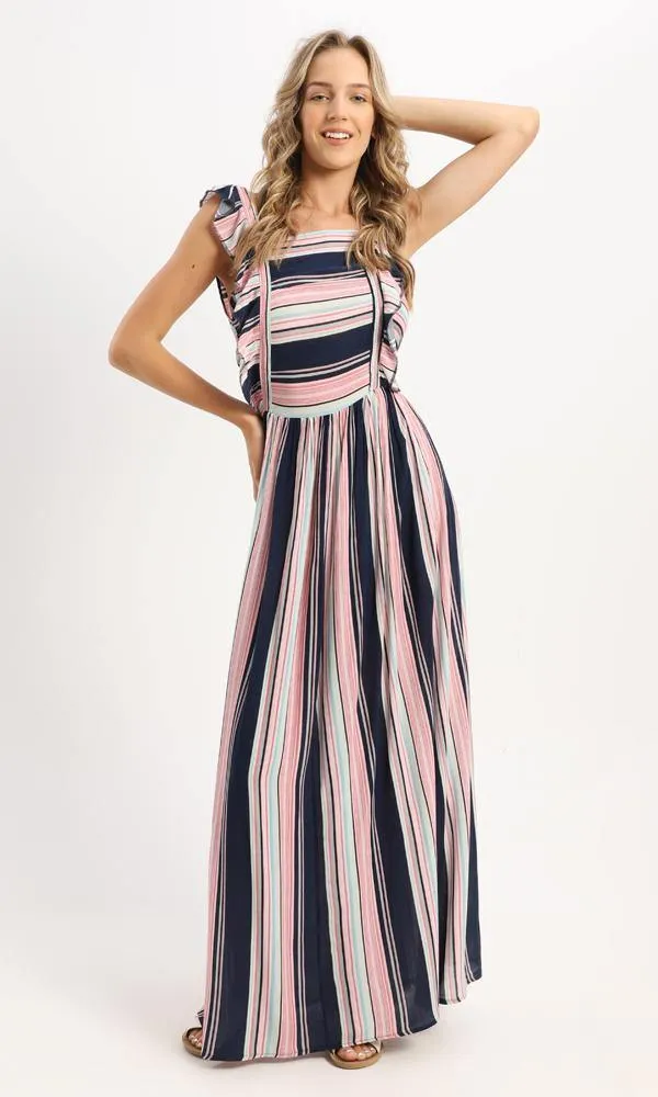 57627 Striped Colorful Elastic Waist Long Dress