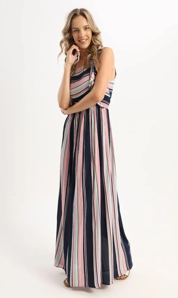 57627 Striped Colorful Elastic Waist Long Dress