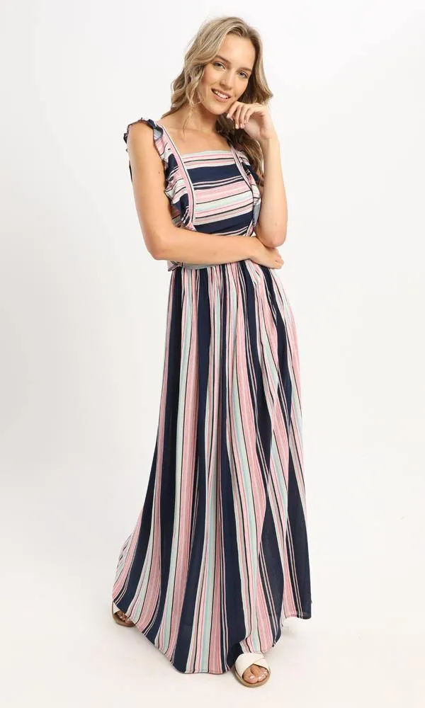 57627 Striped Colorful Elastic Waist Long Dress