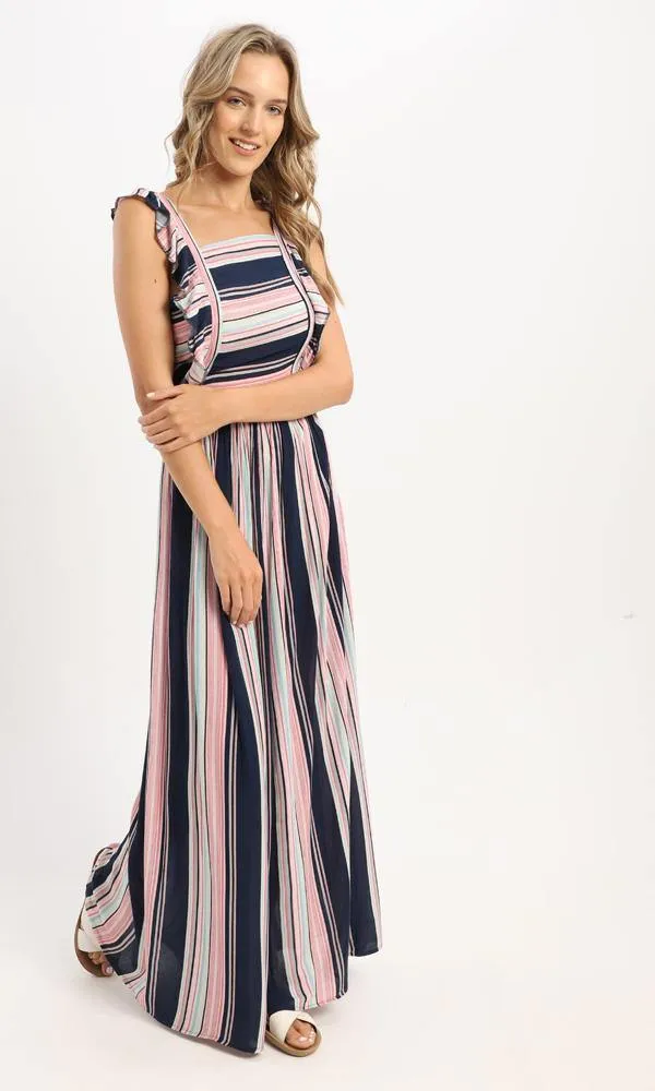 57627 Striped Colorful Elastic Waist Long Dress