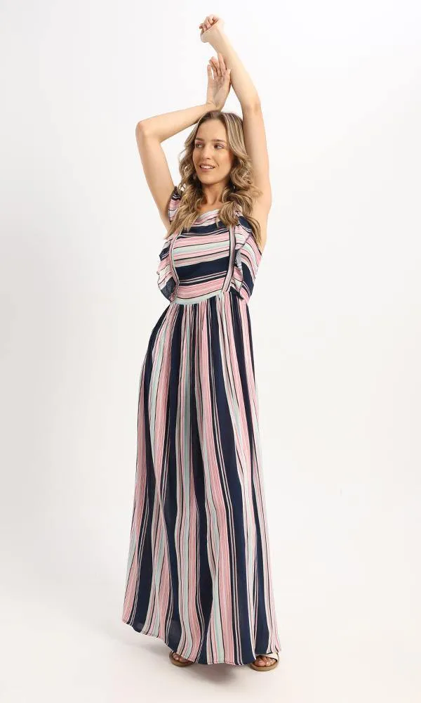 57627 Striped Colorful Elastic Waist Long Dress