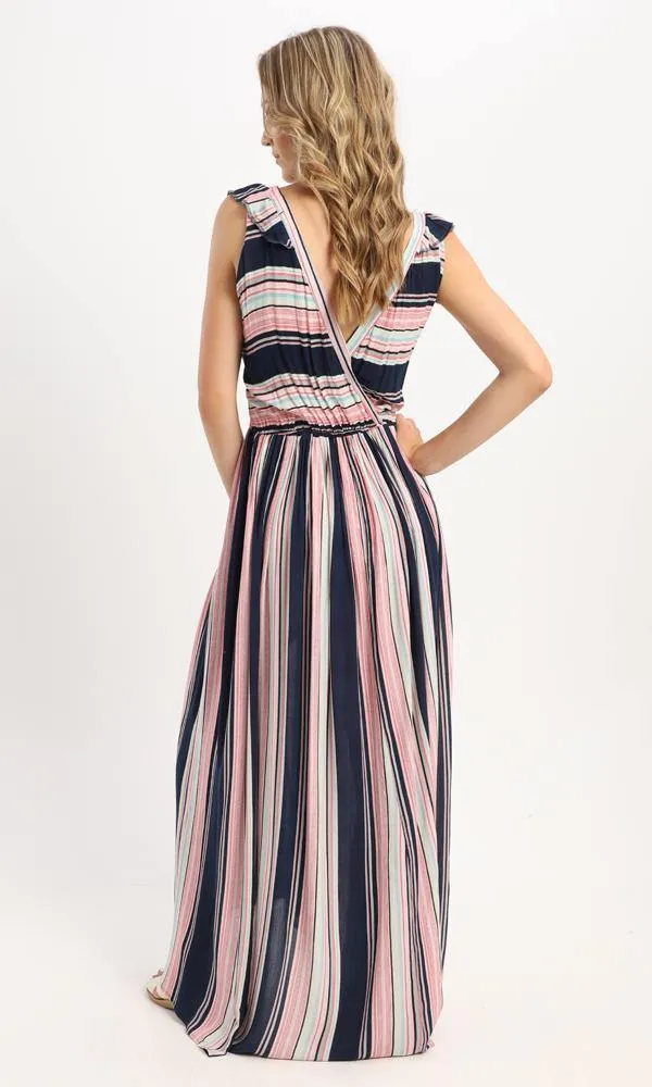 57627 Striped Colorful Elastic Waist Long Dress