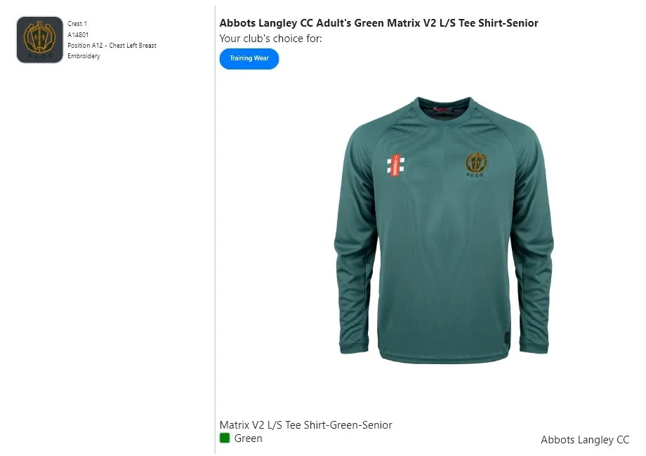 Abbots Langley CC  Adult's Green Matrix V2 L/S Tee Shirt-Senior