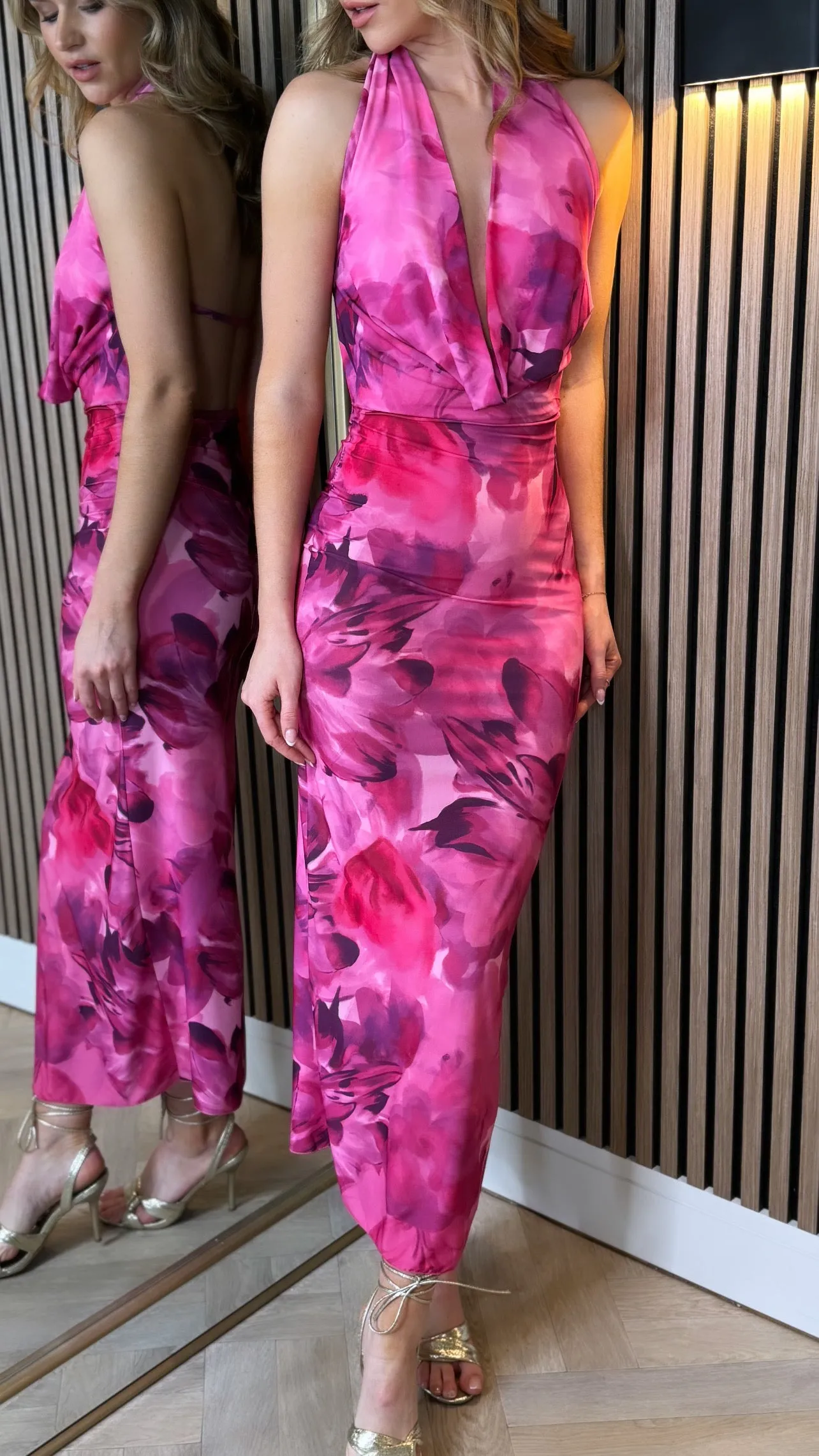 Adelade Fuchsia Floral Print Halterneck Midi Dress