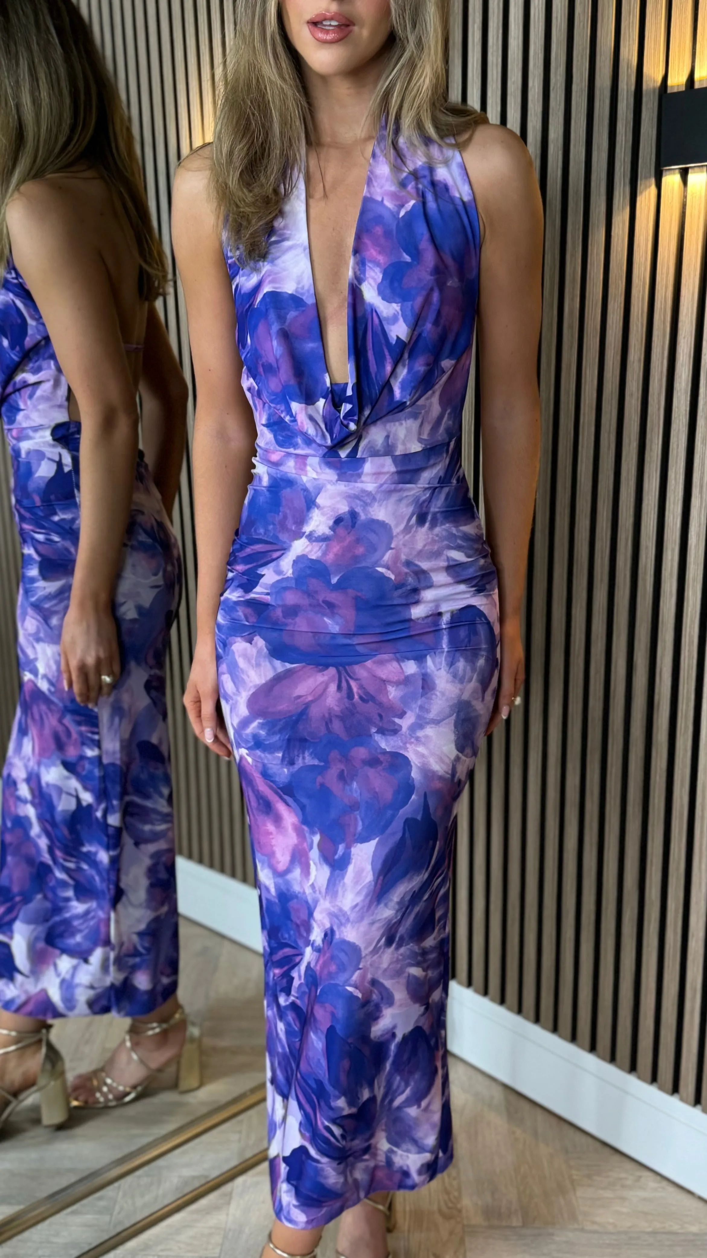 Adelade Purple Floral Print Halterneck Midi Dress