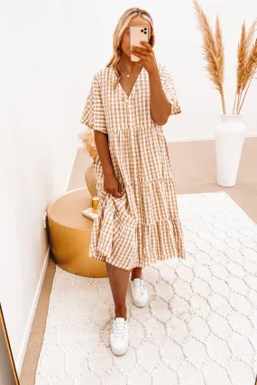 Ainsley Midi Dress Beige Gingham