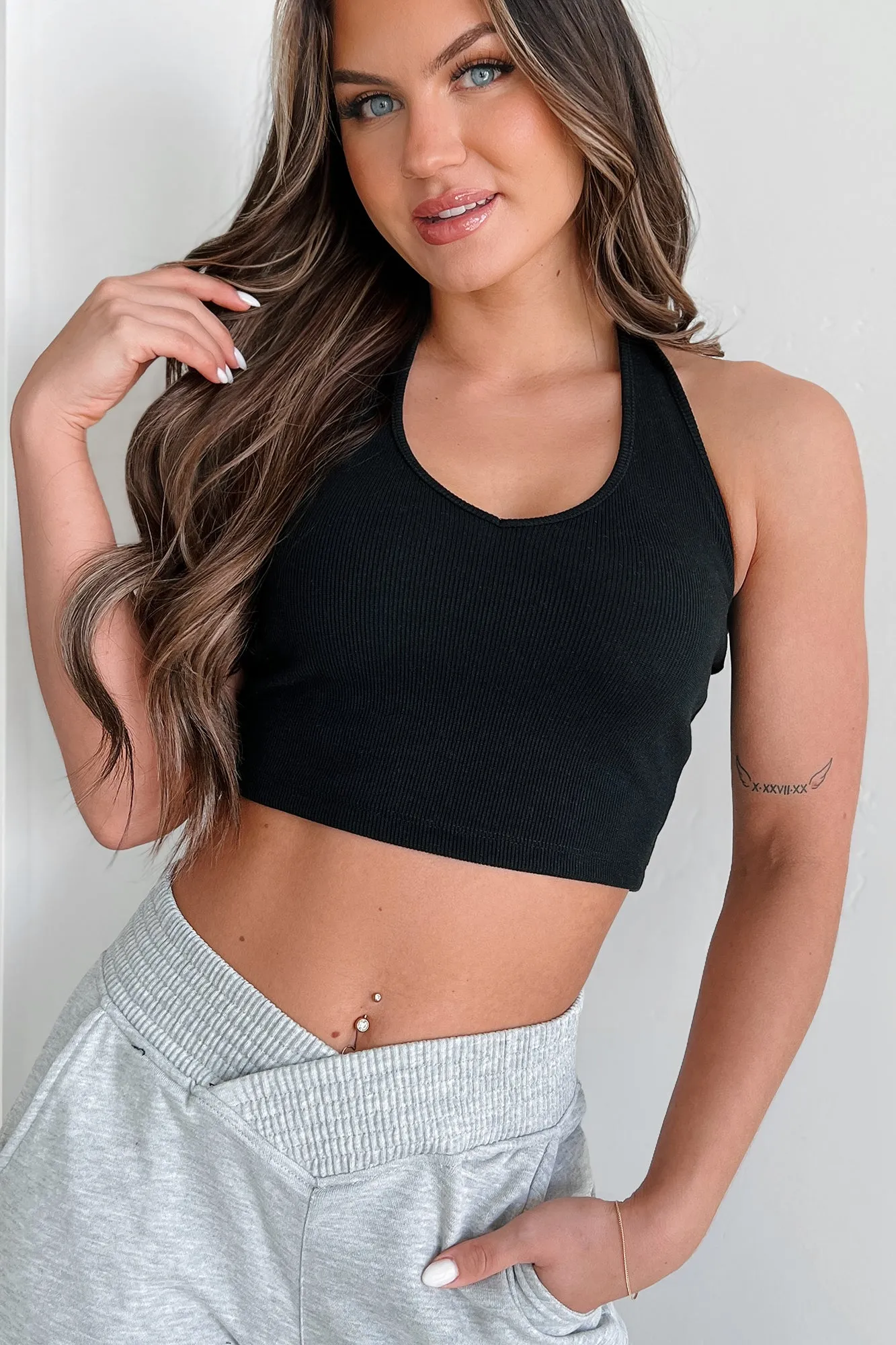 Alive & Well Ribbed Halter Crop Top (Black)