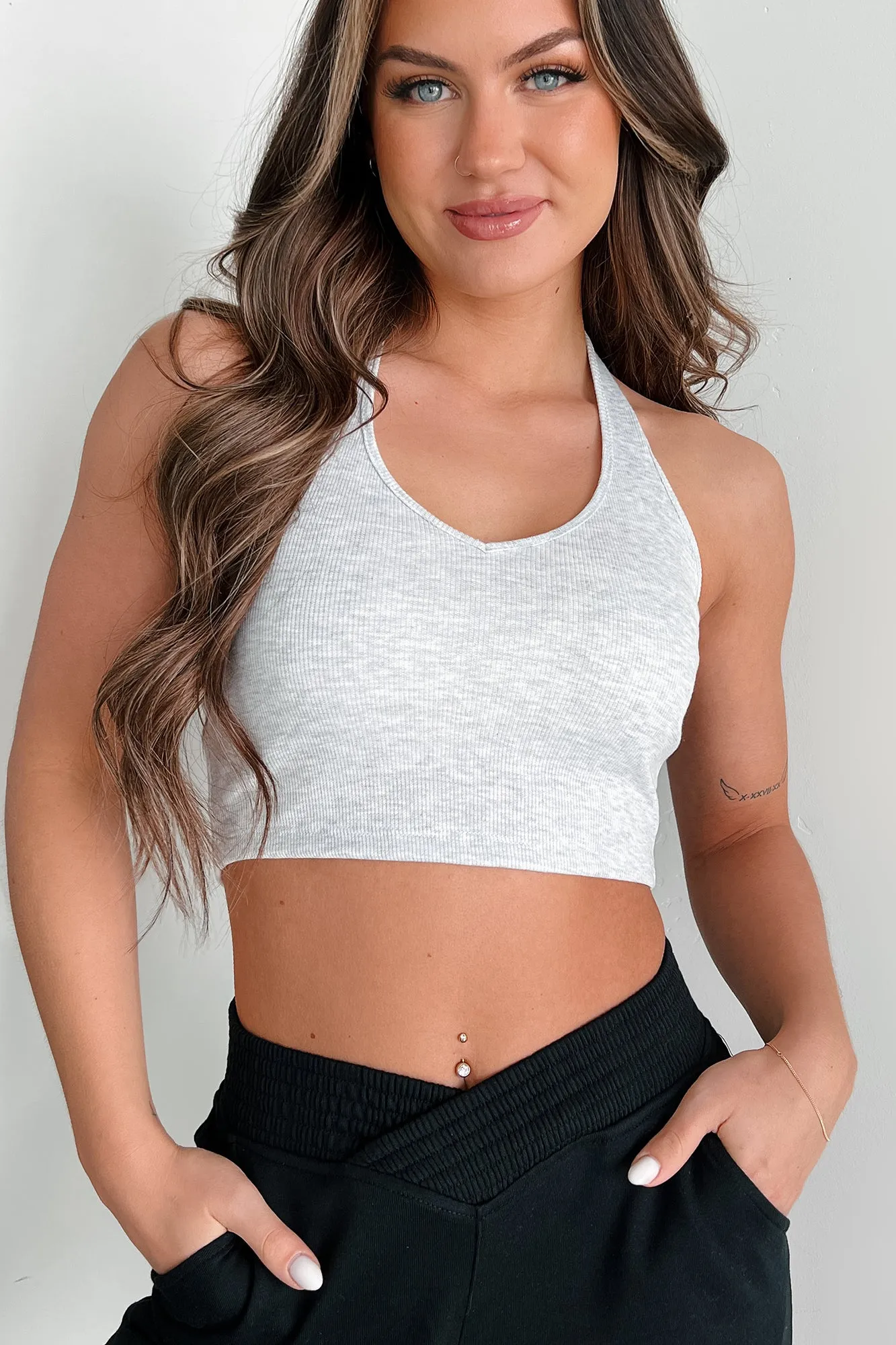 Alive & Well Ribbed Halter Crop Top (Light Grey)