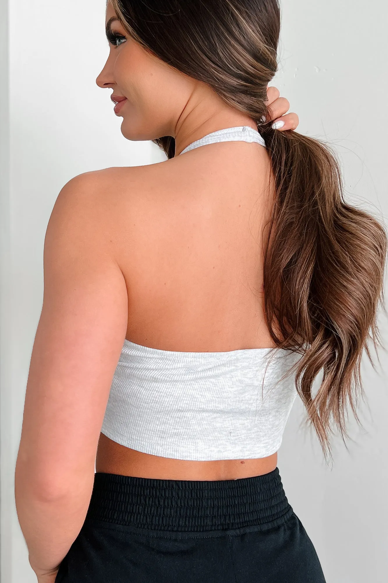 Alive & Well Ribbed Halter Crop Top (Light Grey)