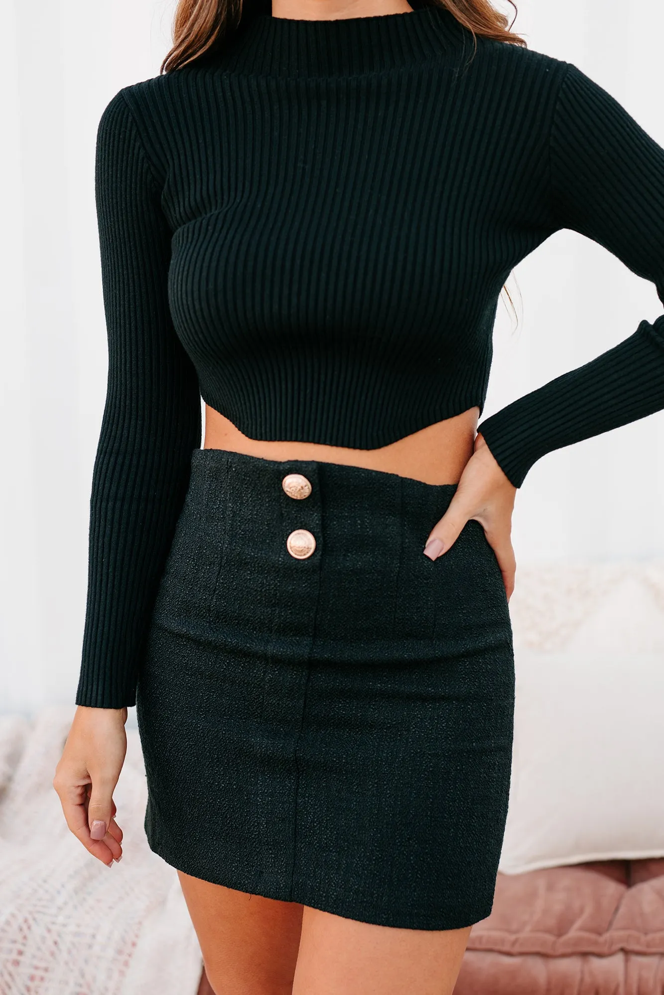 All About Us Mock Neck Cropped Sweater Top (Black)