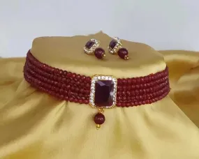 Alloy maroon jewel necklace with earring set | MANATH