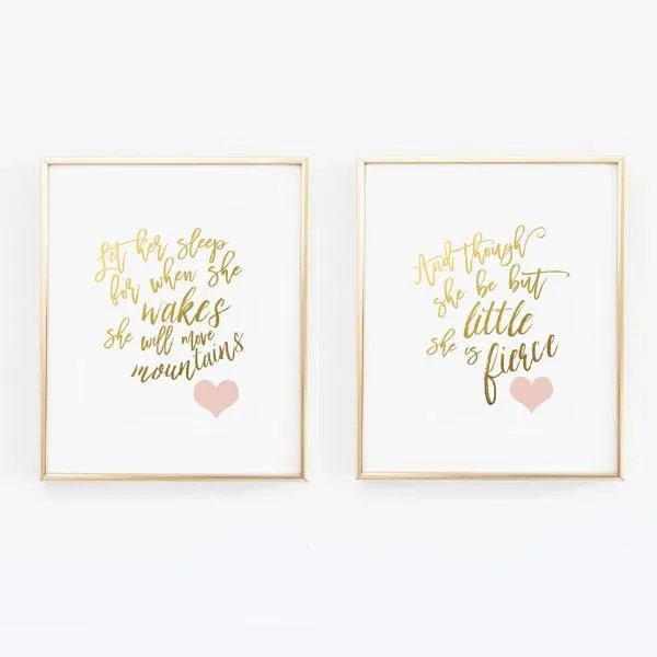 And though she be but little - Let her sleep - Blush and Gold Nursery Print  - Set of 2