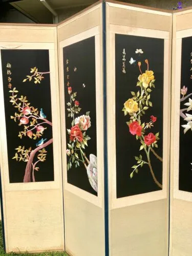 Antique Asian Korean 8 Panel Silk Screen Embroidery Room Divider 12' X 5.5'