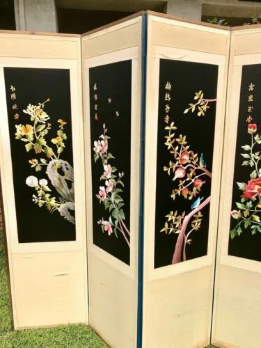 Antique Asian Korean 8 Panel Silk Screen Embroidery Room Divider 12' X 5.5'