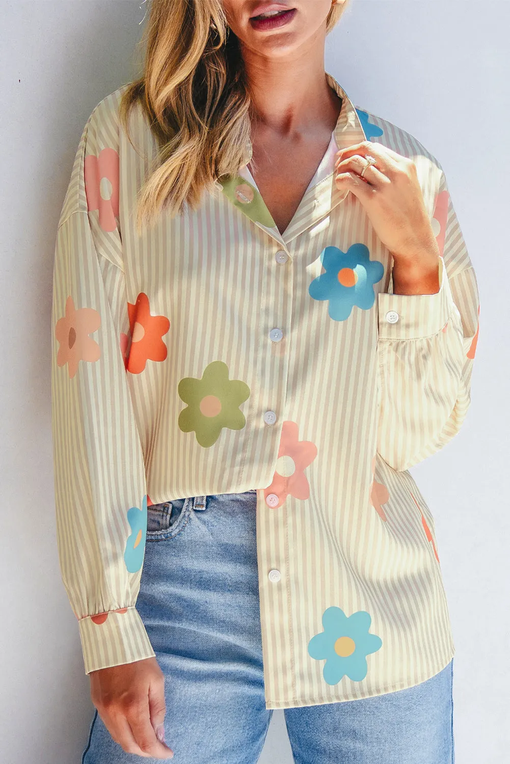 Apricot Stripe Flower Print Collared Button-up Loose Fit Shirt