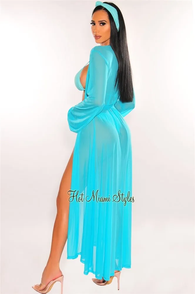 Aqua Mesh Long Sleeves Belted Maxi Cover Up