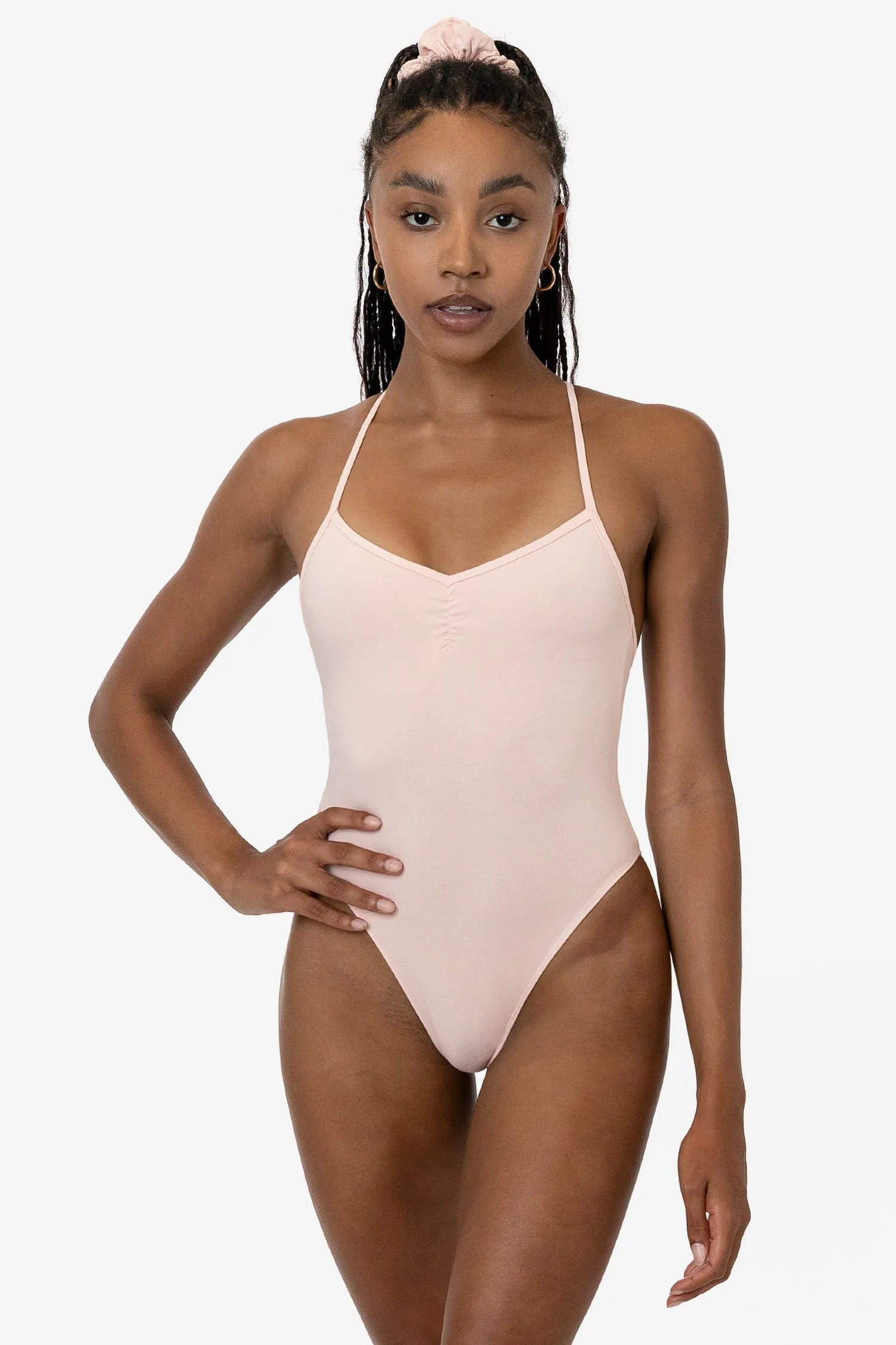 B308GD - Garment Dye Spaghetti Ruched Front Crossback Bodysuit