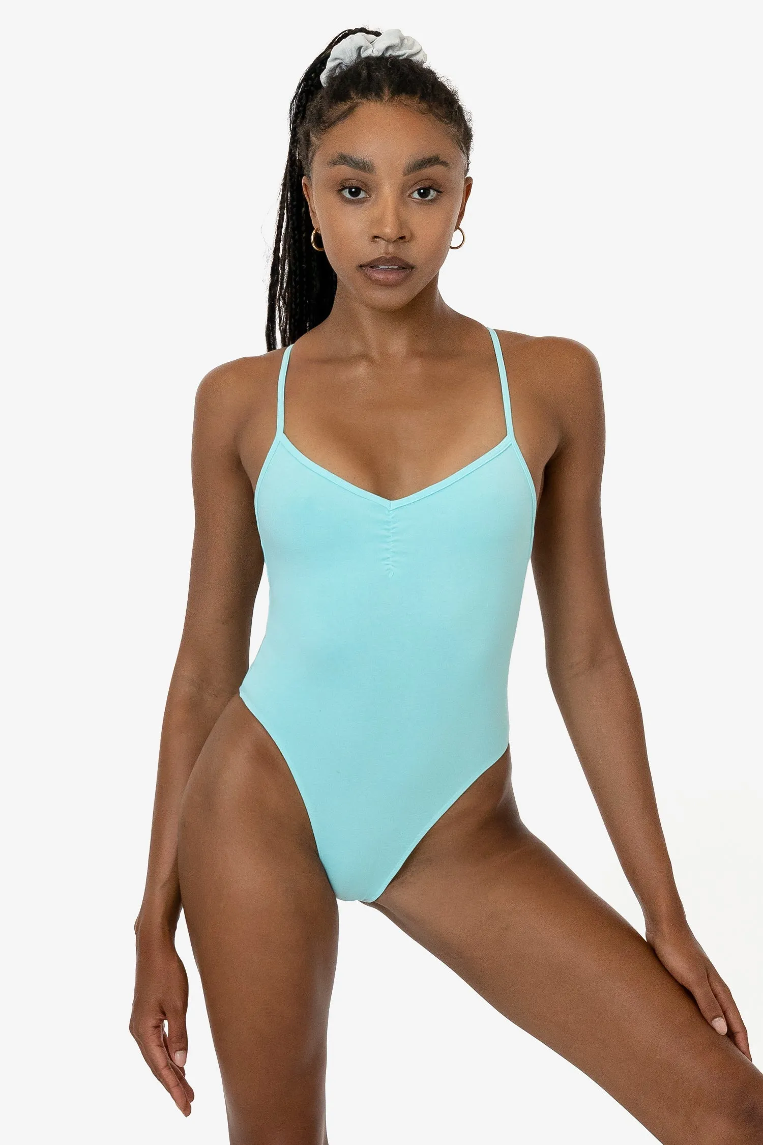 B308GD - Garment Dye Spaghetti Ruched Front Crossback Bodysuit