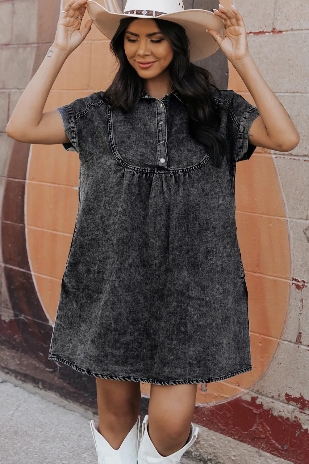 Black Acid Wash Button Front Collared Short Sleeve Denim Dress