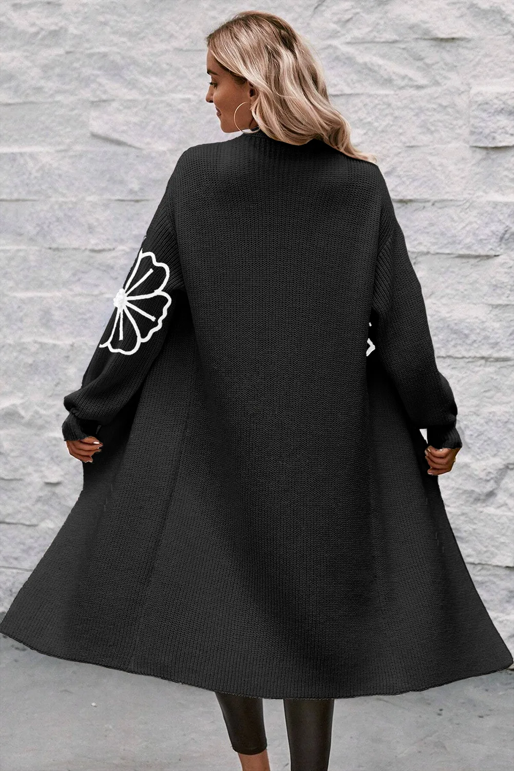 Black Flower Embroidered Drop Shoulder Open Front Duster Cardigan