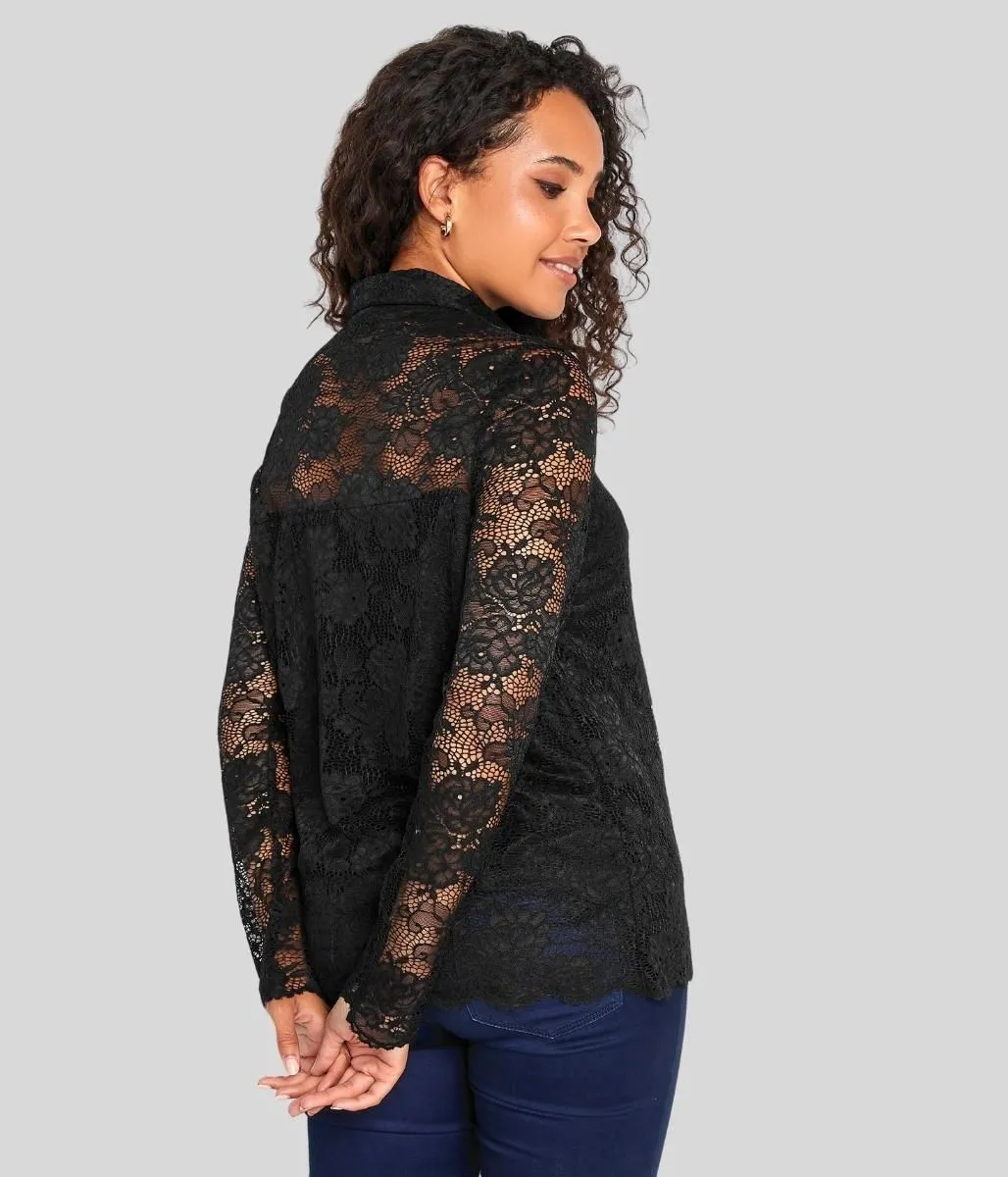 Black Lace Overlay Evening Blouse