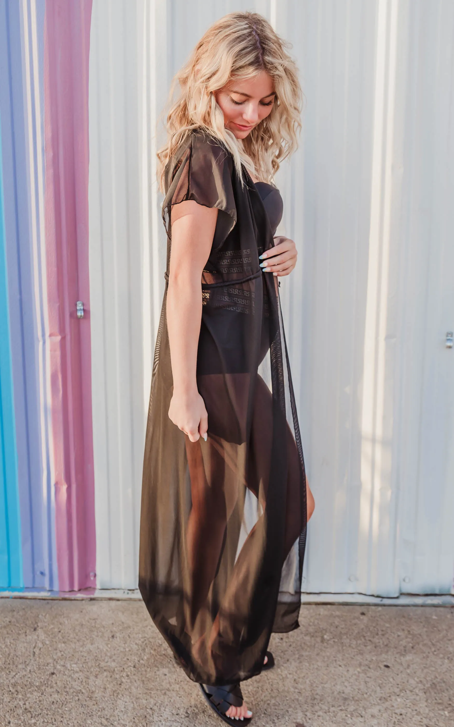 Black Sheer Tie Front Long Swim Cover - Final Sale