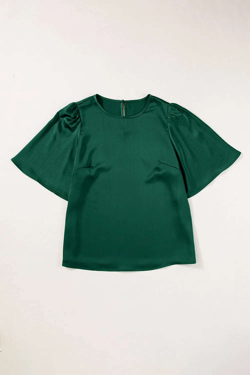 Blackish Green Solid Color Satin Keyhole Back Wide Sleeve Blouse