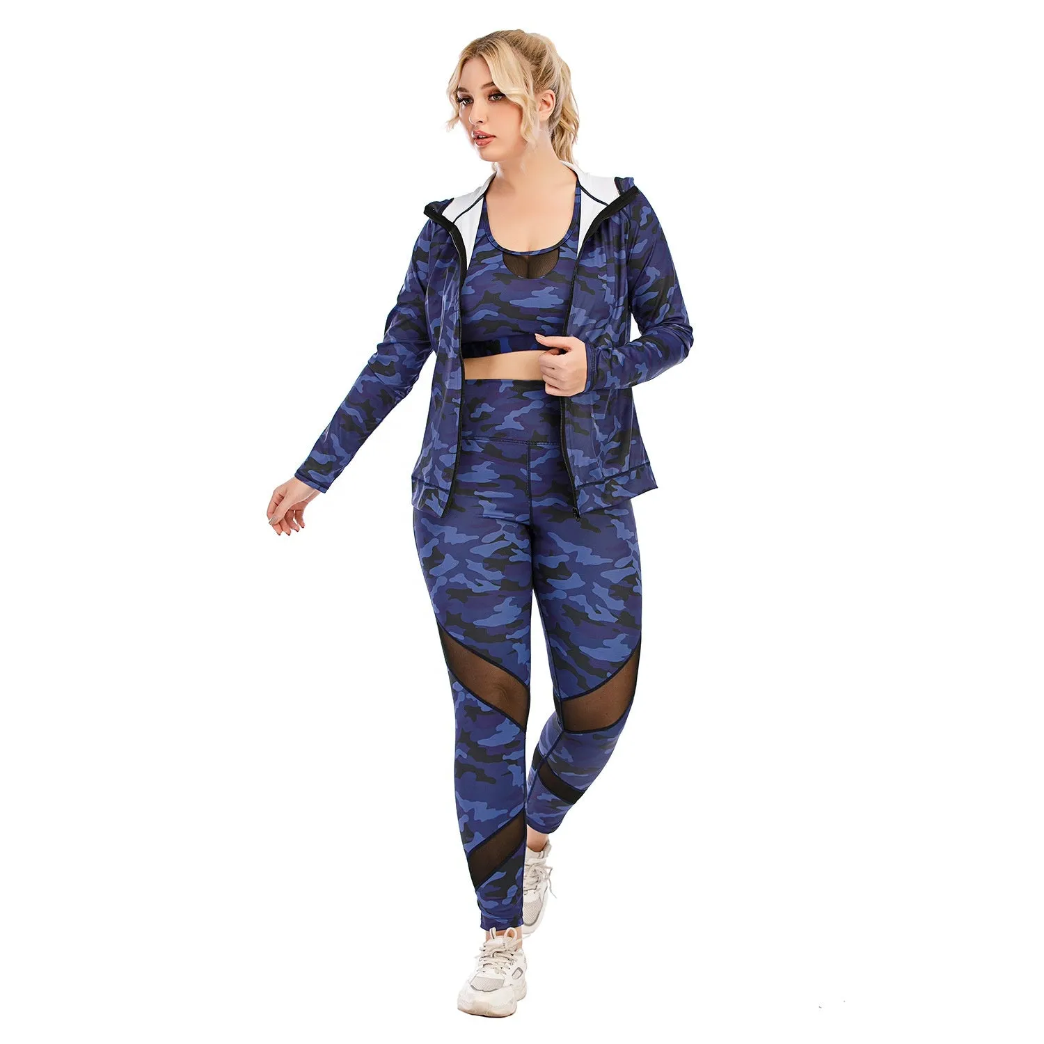 Blue Camouflage Yoga Sets 3XL Women's Sportswear Plus Size 3pcs Yoga Suit Legging Fitness Sports Bra Jacket Fall Yoga Set 20set