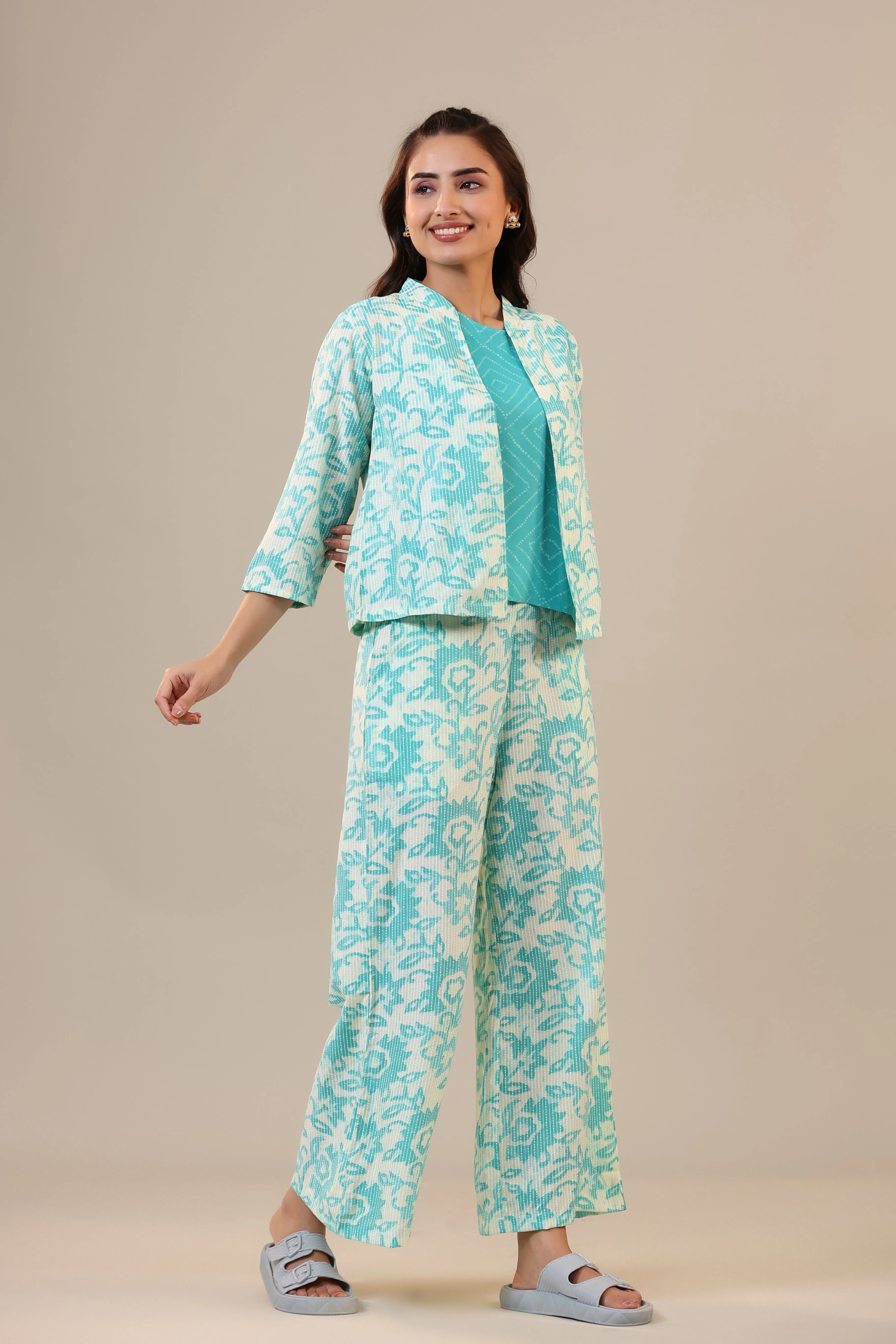 Blue Florals With Bhandej on Cotton Three piece Set