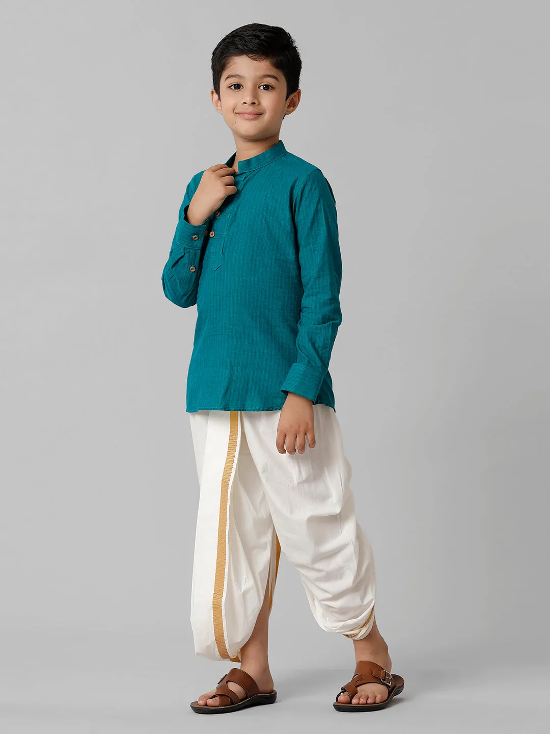 Boys Breeze Cotton Peacock Green Kurta with Cream Elastic Panchakacham Towel Combo COT6