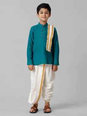 Boys Breeze Cotton Peacock Green Kurta with Cream Elastic Panchakacham Towel Combo COT6