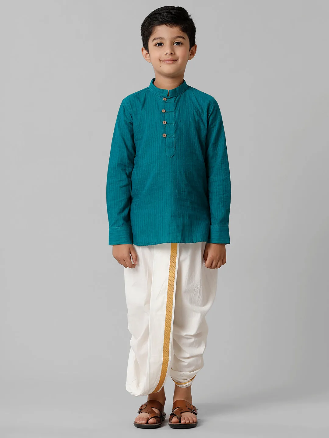 Boys Breeze Cotton Peacock Green Kurta with Cream Elastic Panchakacham Towel Combo COT6