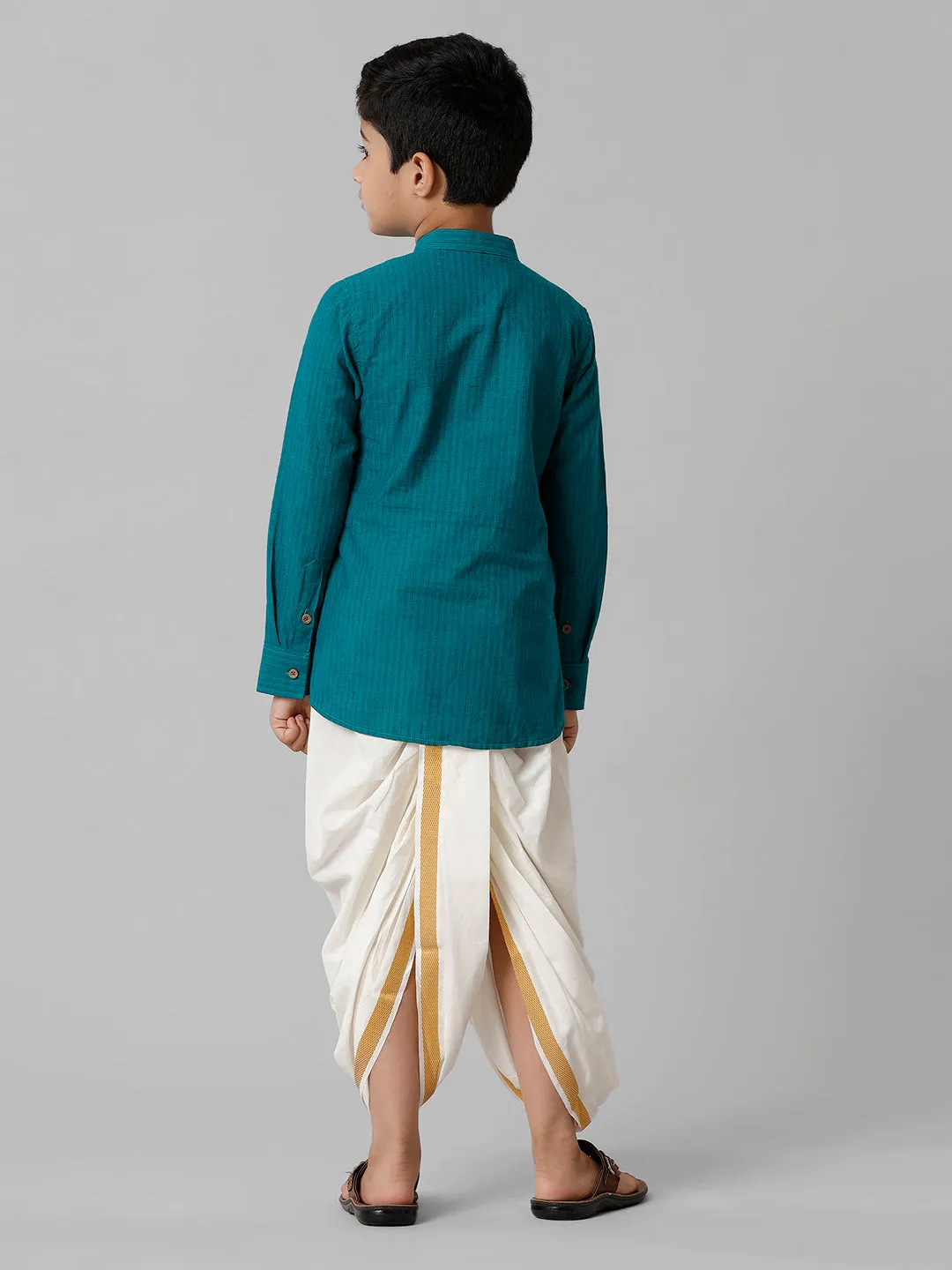 Boys Breeze Cotton Peacock Green Kurta with Cream Elastic Panchakacham Towel Combo COT6