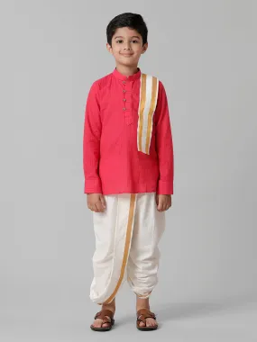 Boys Breeze Cotton Pink Kurta with Cream Elastic Panchakacham Towel Combo COT1