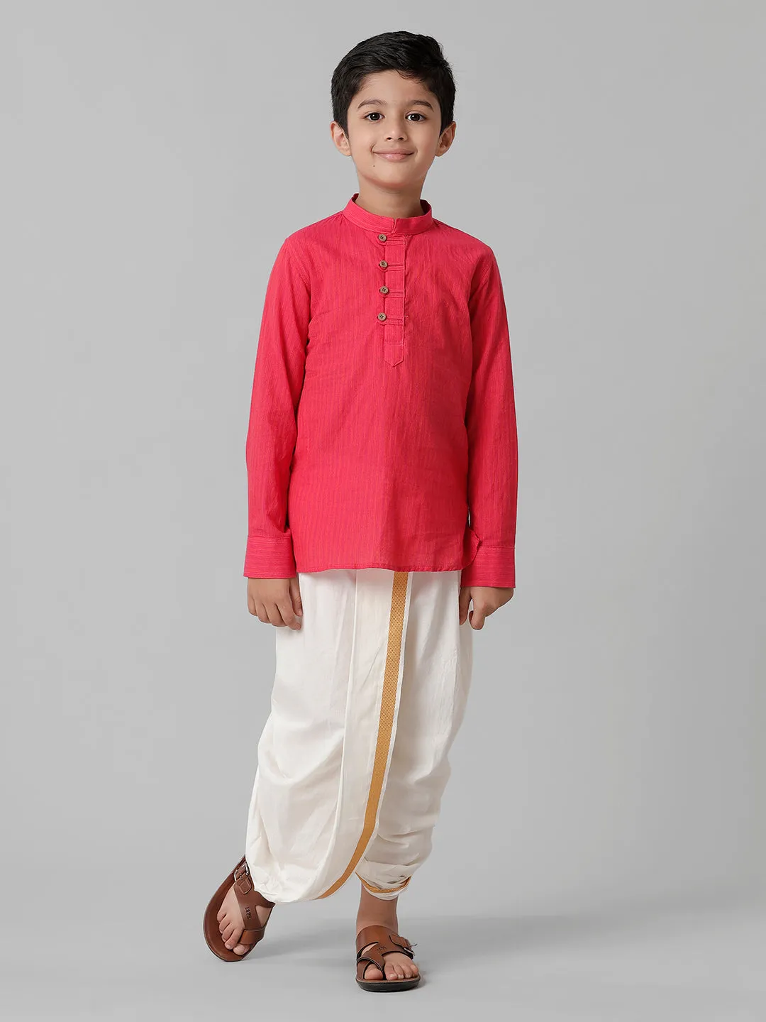 Boys Breeze Cotton Pink Kurta with Cream Elastic Panchakacham Towel Combo COT1