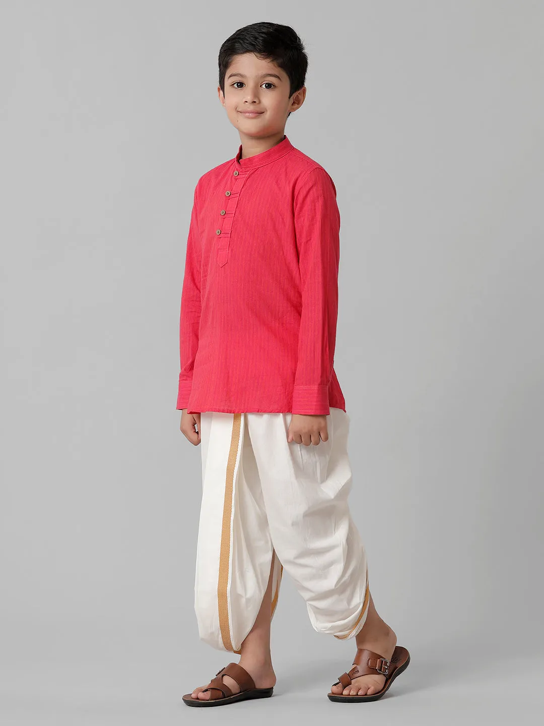 Boys Breeze Cotton Pink Kurta with Cream Elastic Panchakacham Towel Combo COT1