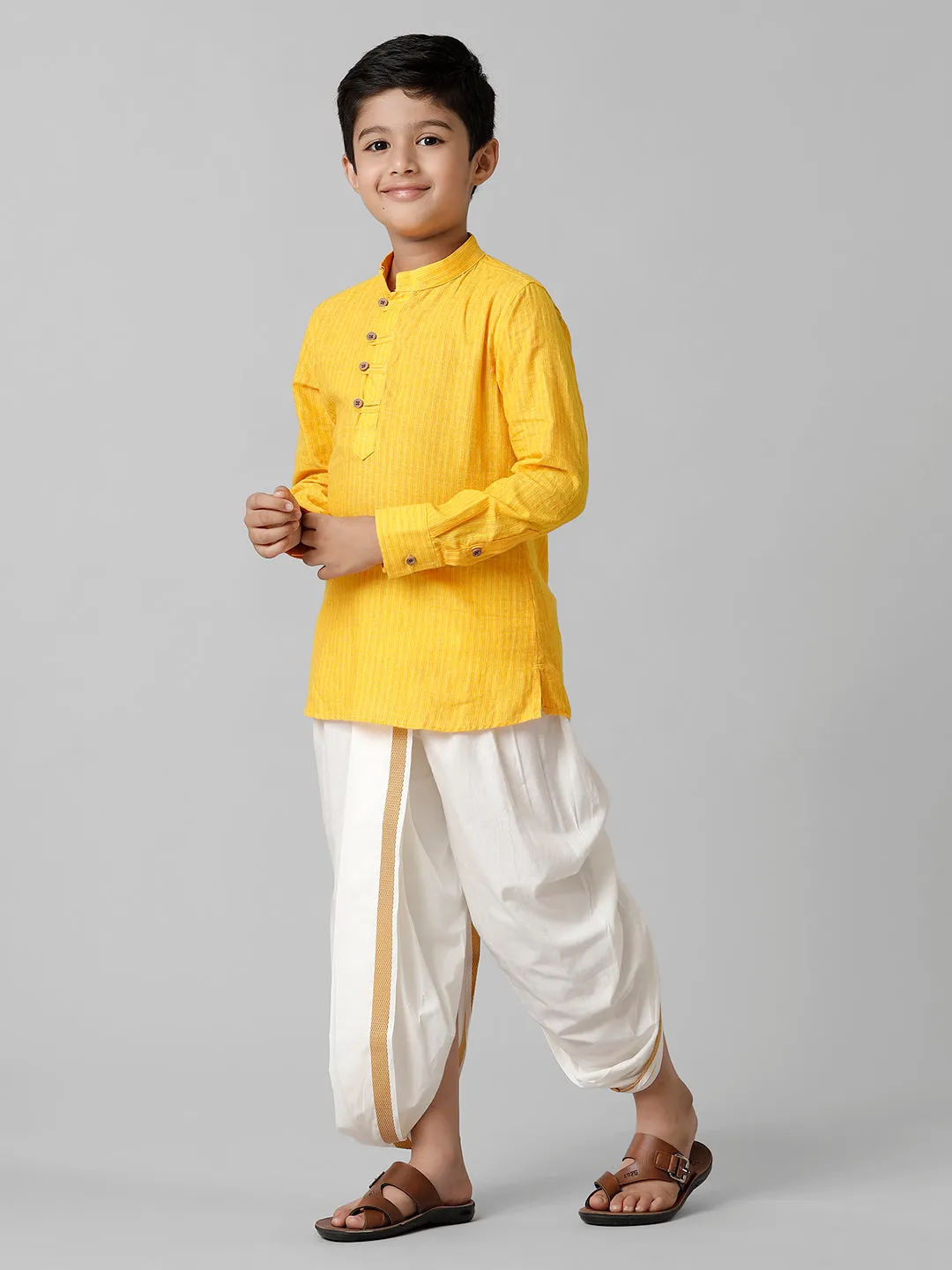 Boys Breeze Cotton Yellow Kurta with Cream Elastic Panchakacham Towel Combo COT7