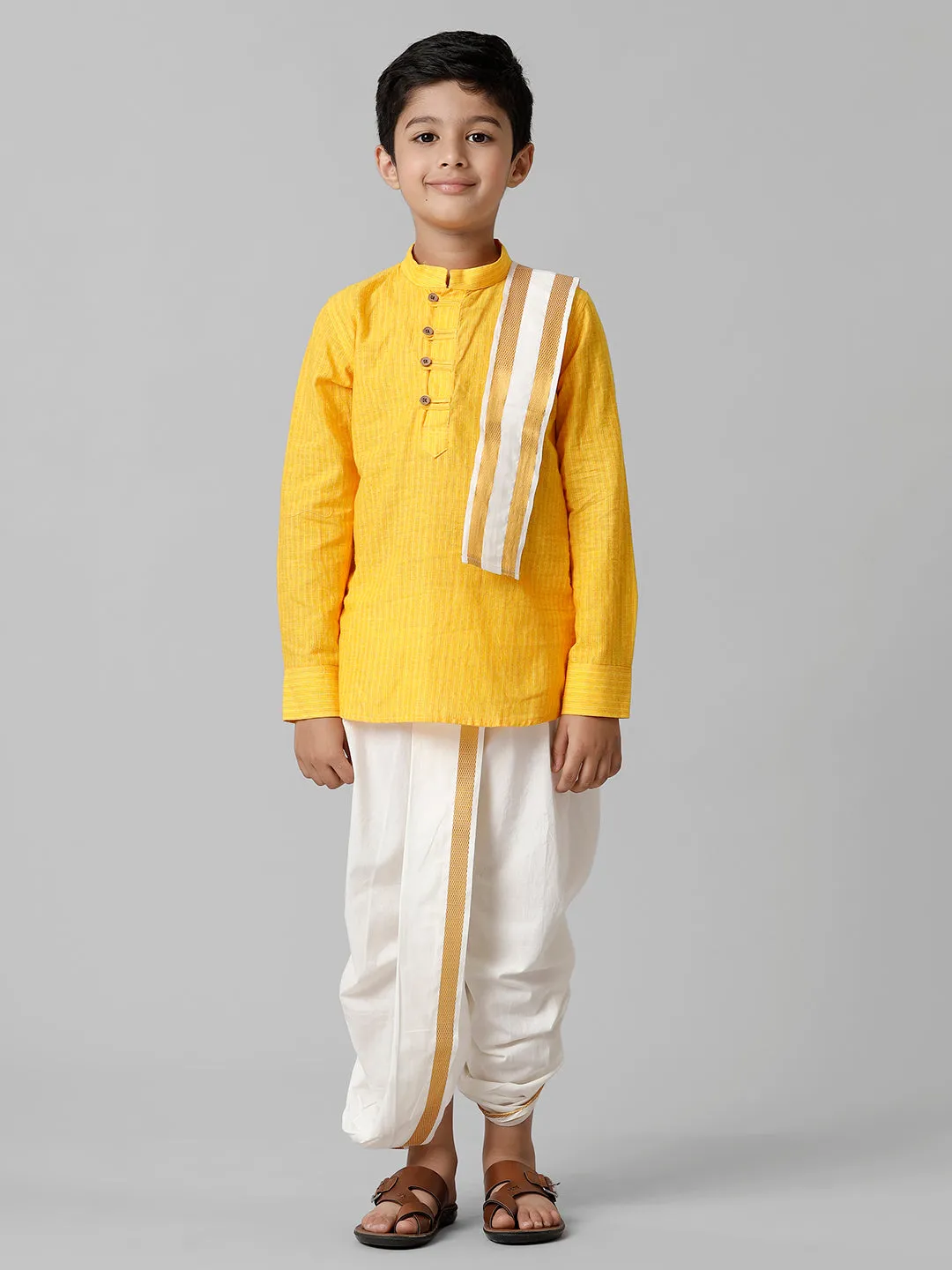 Boys Breeze Cotton Yellow Kurta with Cream Elastic Panchakacham Towel Combo COT7