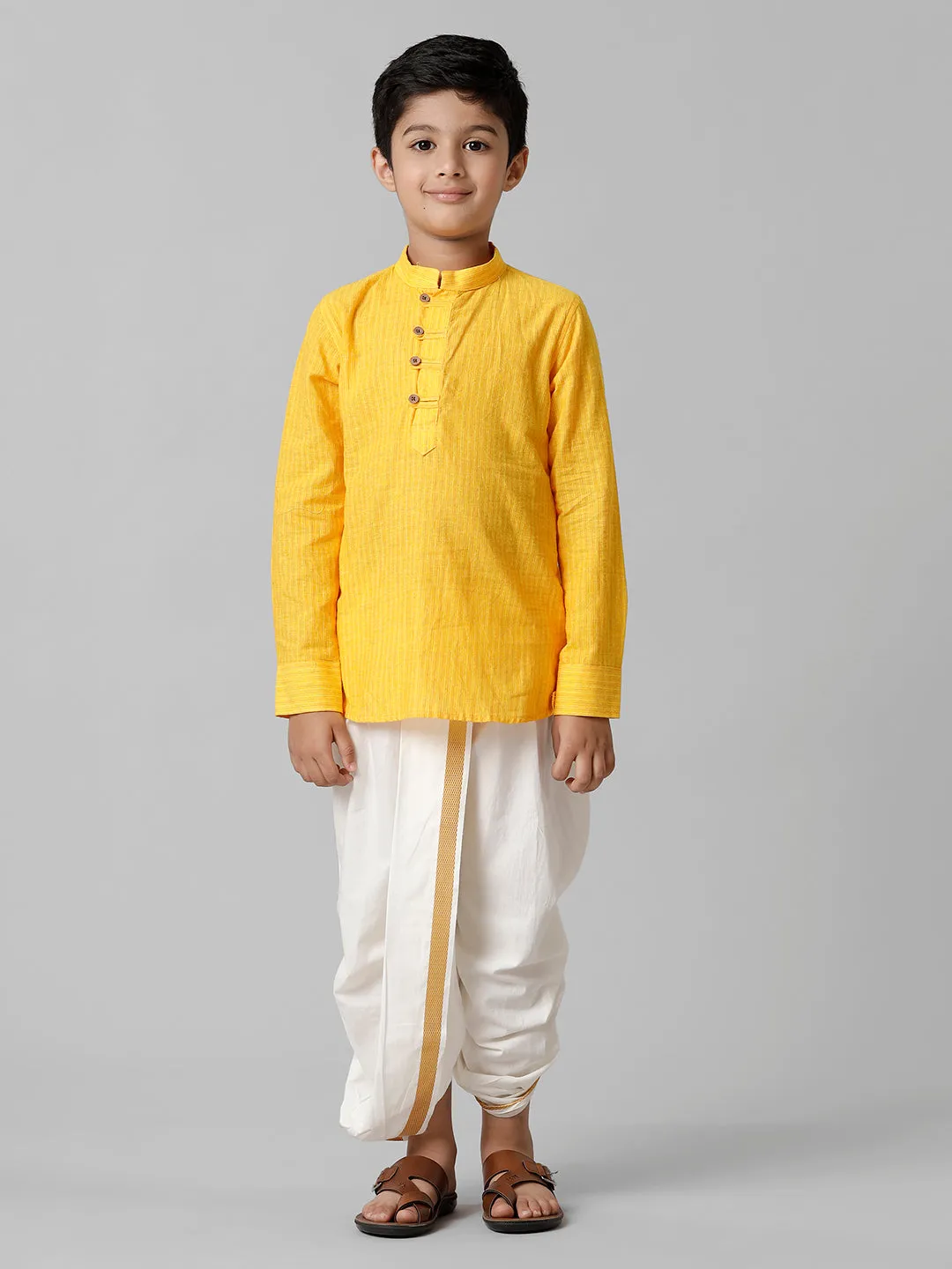 Boys Breeze Cotton Yellow Kurta with Cream Elastic Panchakacham Towel Combo COT7