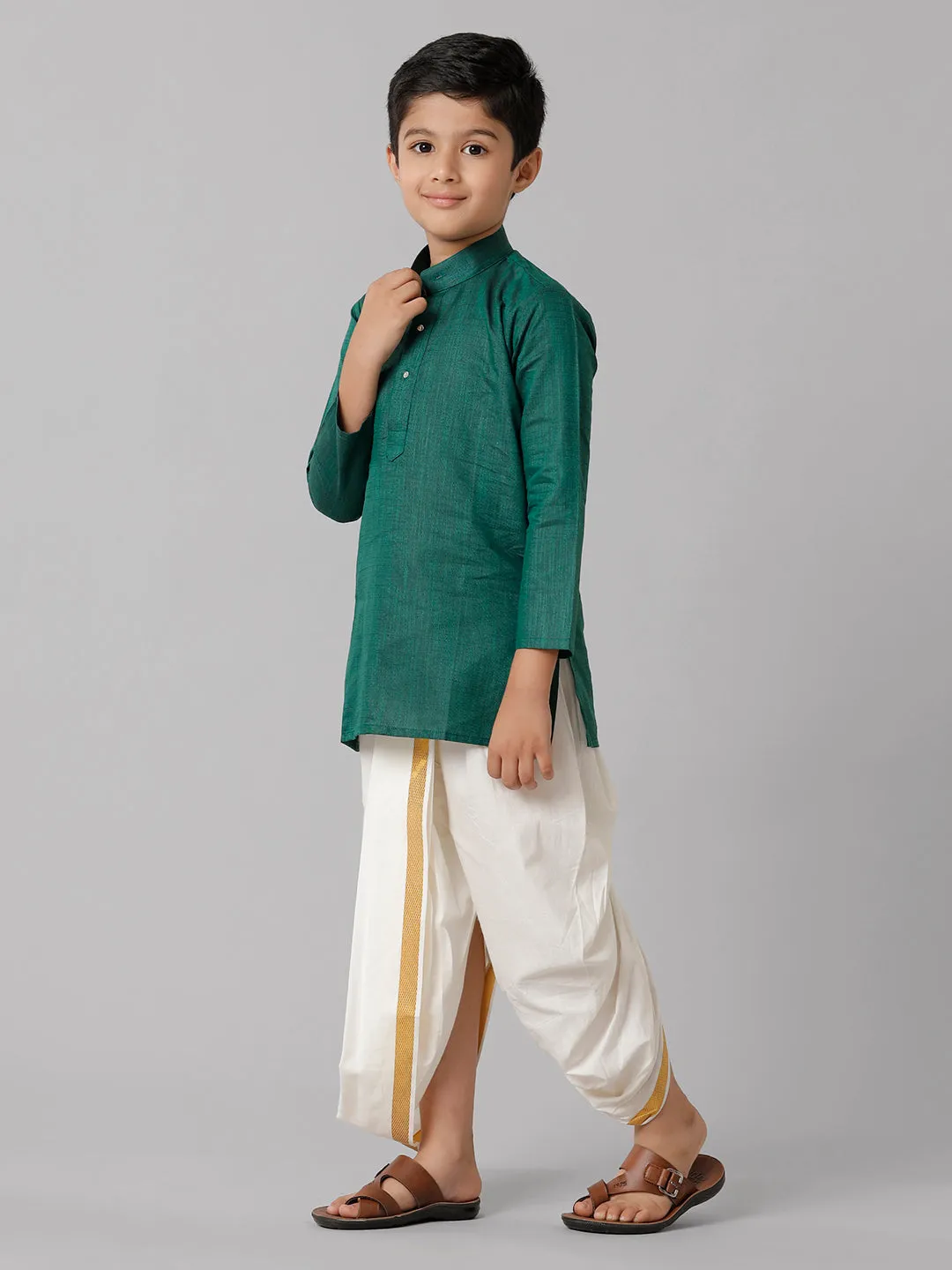 Boys Cotton Dark Green Kurta with Cream Elastic Panchakacham Towel Combo FS5