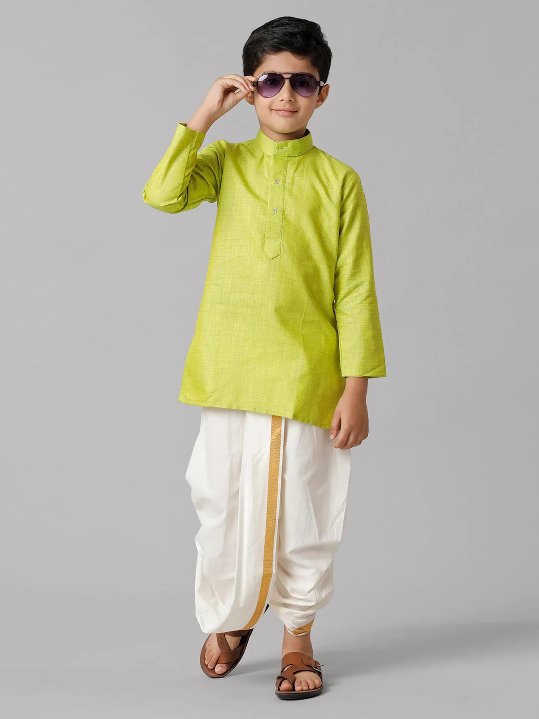 Boys Cotton Parrot Green Kurta with Cream Elastic Panchakacham Towel Combo FS2