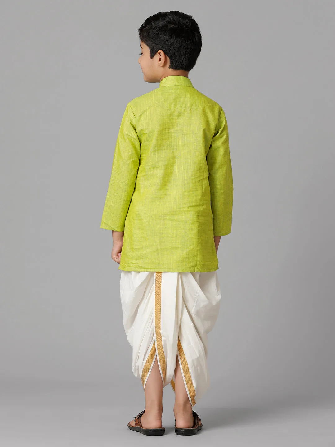 Boys Cotton Parrot Green Kurta with Cream Elastic Panchakacham Towel Combo FS2