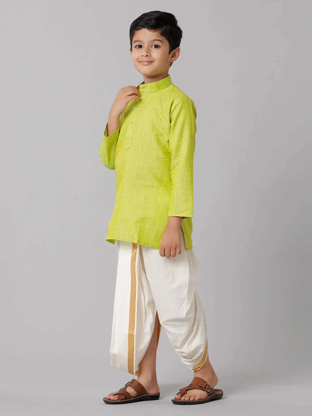 Boys Cotton Parrot Green Kurta with Cream Elastic Panchakacham Towel Combo FS2