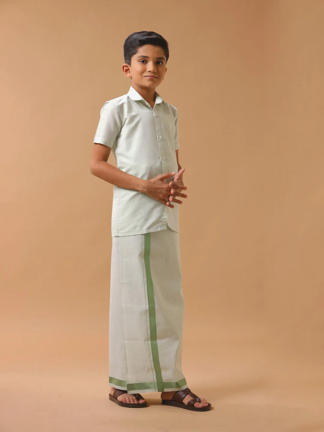 Boys Tissue Jari Half Sleeve Shirt Dhoti Set Sankalpam Moss Green